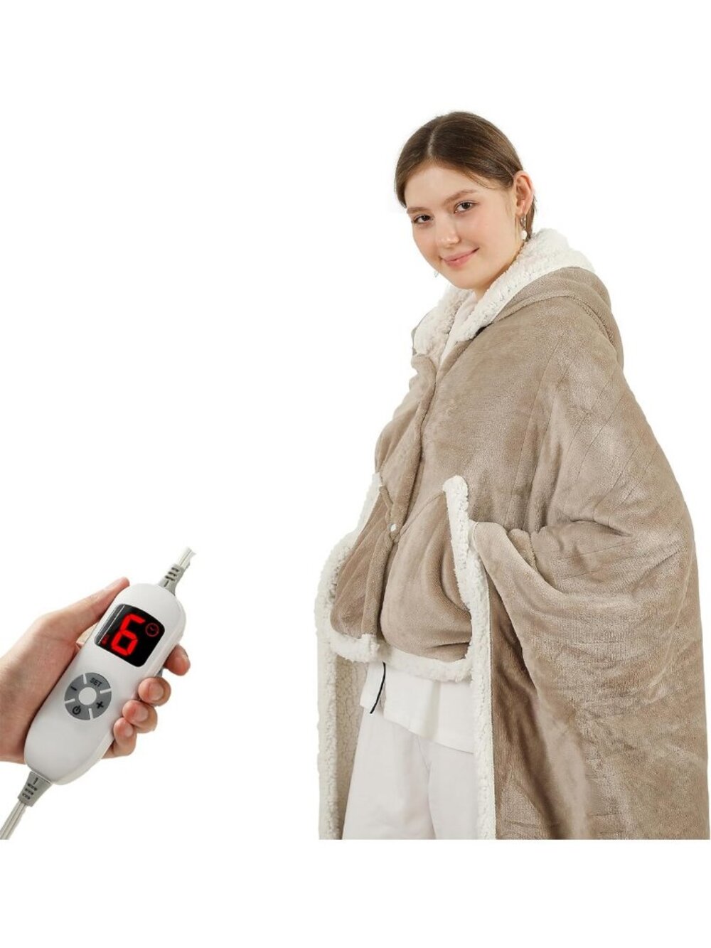 Cozy Heated Wearable Shawl Blanket with Pockets, 6 Heat Settings, Auto Off